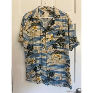 Men's M Hawaiian Shirt VSTR Blue Floral Island Sailboat Vintage Wash SS. C25